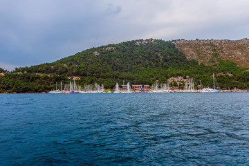 Luxury nautical vessels yachts motorboats Sea in Turkey. Turkish coast.