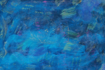 Watercolor background. Texture of painted wall. Scuffs, brush strokes, stains, cracks, color gradients. Main colors-blue, green