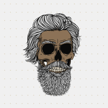 Bearded skull with purple hair in bun. Stylish men's hairstyle and beard. Picture for halloween, barbershop and clothes.