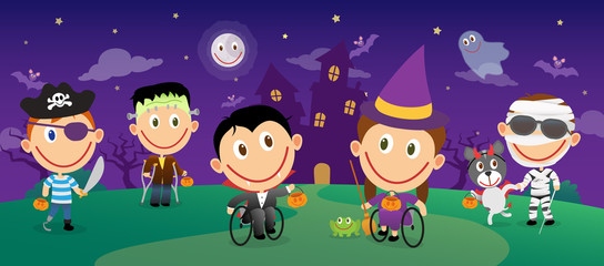 Disabled children in halloween costumes characters set. Vector group illustration