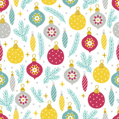 Christmas seamless pattern with ball, bauble, fir branches, snowflakes, stars