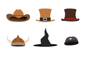 Fantasy hats set vector illustration.Fashion flat hat design.Classic accessory clothes.