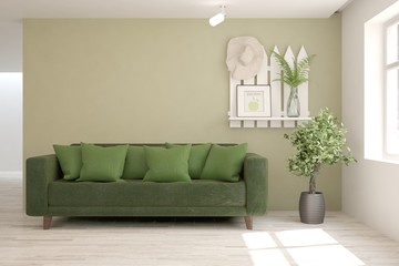 Stylish room in green color with sofa. Scandinavian interior design. 3D illustration