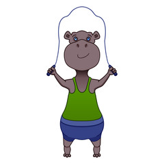  Funny hippo in a t-shirt goes to the goal and learns to jump on a rope