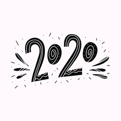 Hand drawn lettering greeting card on Scandinavian style for 2020 Happy New Year Vector illustration