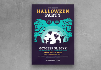 Halloween Party Flyer Layout with Cemetery Illustration
