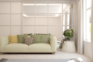 Stylish room in white color with sofa. Scandinavian interior design. 3D illustration