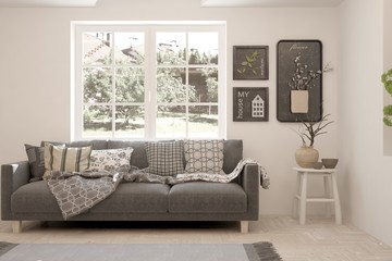 Stylish room in white color with sofa. Scandinavian interior design. 3D illustration