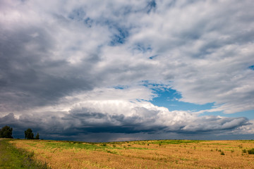 Fototapeta na wymiar hdr panorama on asphalt road among fields in evening with awesome black clouds before storm