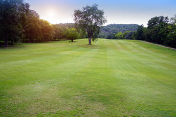The evening golf course has sunlight shining down at golf course in Thailand