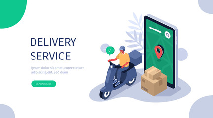 Online Delivery Service Landing Page Template. Courier holding Parcel Box with Purchases and standing near Delivery Van. Online Shopping and Logistic Concept. Flat Isometric Vector Illustration.