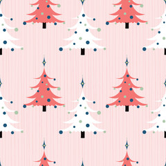 Abstract Christmas trees seamless pattern with 1950s flair. Pink, coral, black and white with textured background. Great for gift wrapping paper, decorations, textiles and home decor accents. Vector.