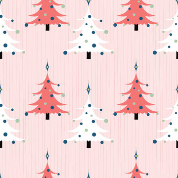 Abstract Christmas trees seamless pattern with 1950s flair. Pink, coral, black and white with textured background. Great for gift wrapping paper, decorations, textiles and home decor accents. Vector.