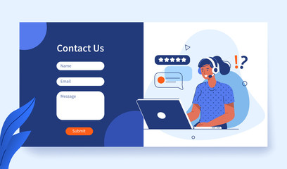 Contact Us Form Template for Web and Landing Page. Female Customer Service Agent with Headsets Talking with Client. Online Customer Support and Helpdesk Concept. Flat Cartoon Vector Illustration.
