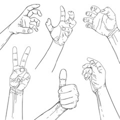 Set of hand drawn hands on a white background.