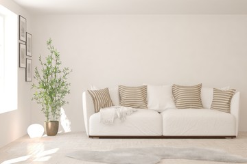 Stylish room in white color with sofa. Scandinavian interior design. 3D illustration