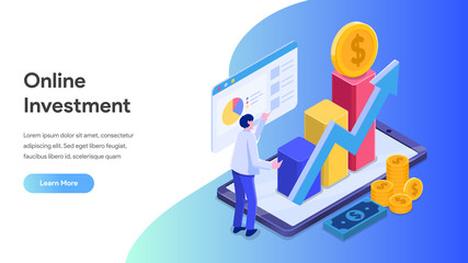 Online Investment with Mobile phone Concept. Financial technology and Business investment Isometric Illustration. Template for anding page, template, ui, web, homepage, poster, banner, flyer