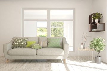 Stylish room in white color with sofa. Scandinavian interior design. 3D illustration