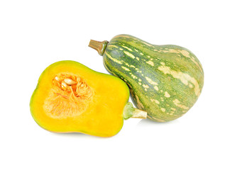 whole and half cut fresh butternut pumpkin with stem on white background