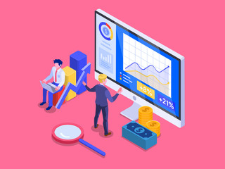 Online Investment Concept. Financial technology and Business investment Isometric Illustration. Template for anding page, template, ui, web, homepage, poster, banner, flyer