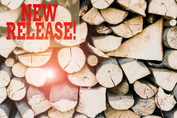 Text sign showing New Release. Business photo showcasing announcing something newsworthy recent product Background dry chopped firewood logs stacked up in a pile winter chimney