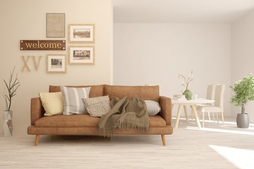 Stylish room in white color with sofa. Scandinavian interior design. 3D illustration