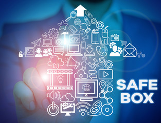 Text sign showing Safe Box. Business photo showcasing A small structure where you can keep important or valuable things Male human wear formal work suit presenting presentation using smart device