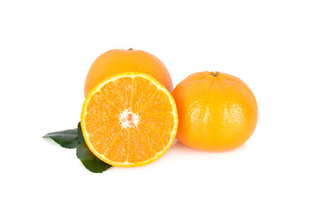 whole and half cut ripe Australia honey murcott mandarin orange with leaf on white background