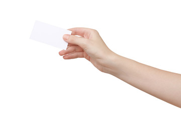 Female hand holding blank paper business card isolated on white