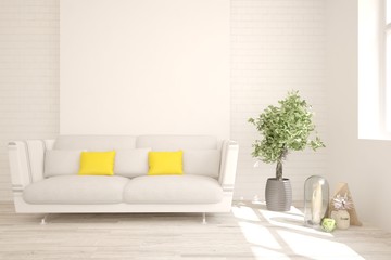 Stylish room in white color with sofa. Scandinavian interior design. 3D illustration