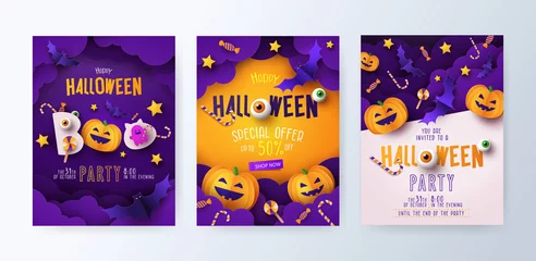 Keuken spatwand met foto Set of Halloween party invitations, greeting cards, or posters with calligraphy, cutest pumpkins, bats and candy in night clouds. Design template for advertising, web, social media. Paper cut style © Tanya