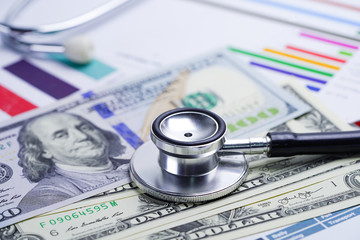 Stethoscope on US dollar banknotes, Finance, Account, Statistics, Analytic research data and Business company  medical health meeting concept.