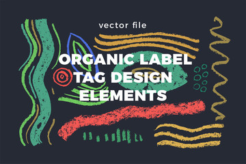 Organic label tag elements on gray background with vector vegan icons, nature abstract signs, natures logo, veganism symbols, organic banner template for trendy design of healthy food, eco-product