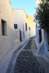 Narrow streets in Pyrgos, island of Santorini, Greece