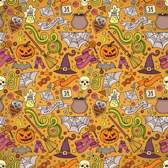 Halloween seamless pattern . Hand drawn background. Pattern with pumpkin, bat, spider, potion. Sketch vector illustration.