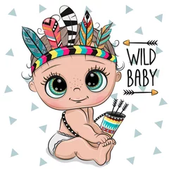 Meubelstickers Kinderkamer Cartoon Baby met veren op een witte achtergrond