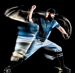 one caucasian baseball player man studio shot isolated on black background with light painting speed effect - 293384770