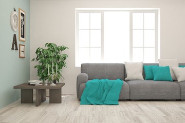 Stylish room in white color with sofa. Scandinavian interior design. 3D illustration