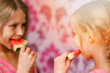 happy baby with watermelon at home