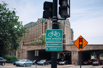 Bike Route Sign at an intersection in Washington, DC
