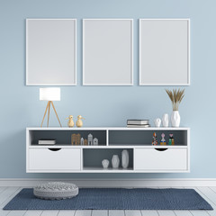 Three blank photo frame for mockup in living room, 3D rendering