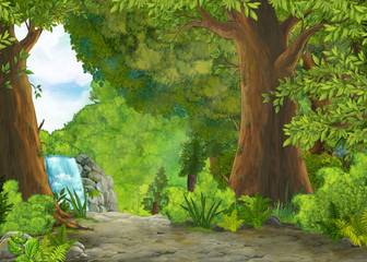 cartoon summer scene with meadow in the forest with waterfall and stream illustration for children