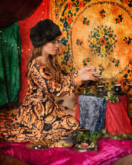 stylized portrait of a beautiful female model in ethnic costume. Arabian tale. interior with colored carpets.