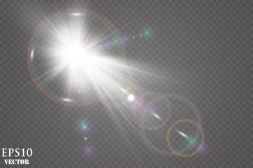 Sunlight on a transparent background. Glow light effects.Star flashed sequins. Sun glare on transparent background. the lens sparkles.Vector transparent sunlight special lens flare light effect.