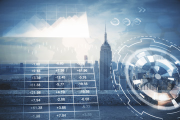 Forex graph on city view with skyscrapers background multi exposure. Financial analysis concept.