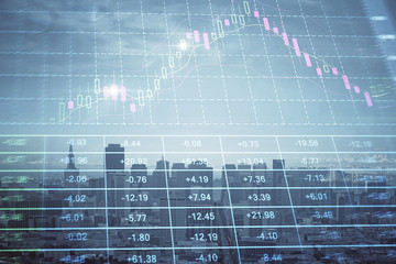 Forex graph on city view with skyscrapers background multi exposure. Financial analysis concept.