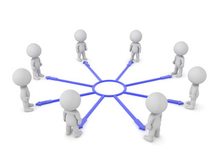  3D Characters standing around interconnected arrows