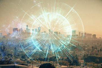 Double exposure of business theme hologram drawing and city veiw background. Concept of success.