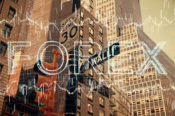 Forex chart on cityscape with tall buildings background multi exposure. Financial research concept.