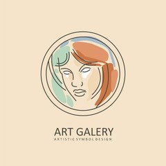 Woman portrait watercolors and line art style. Logo or symbol design for art gallery, art museum or beauty salon. Rounded vector logo illustration with girl  face.